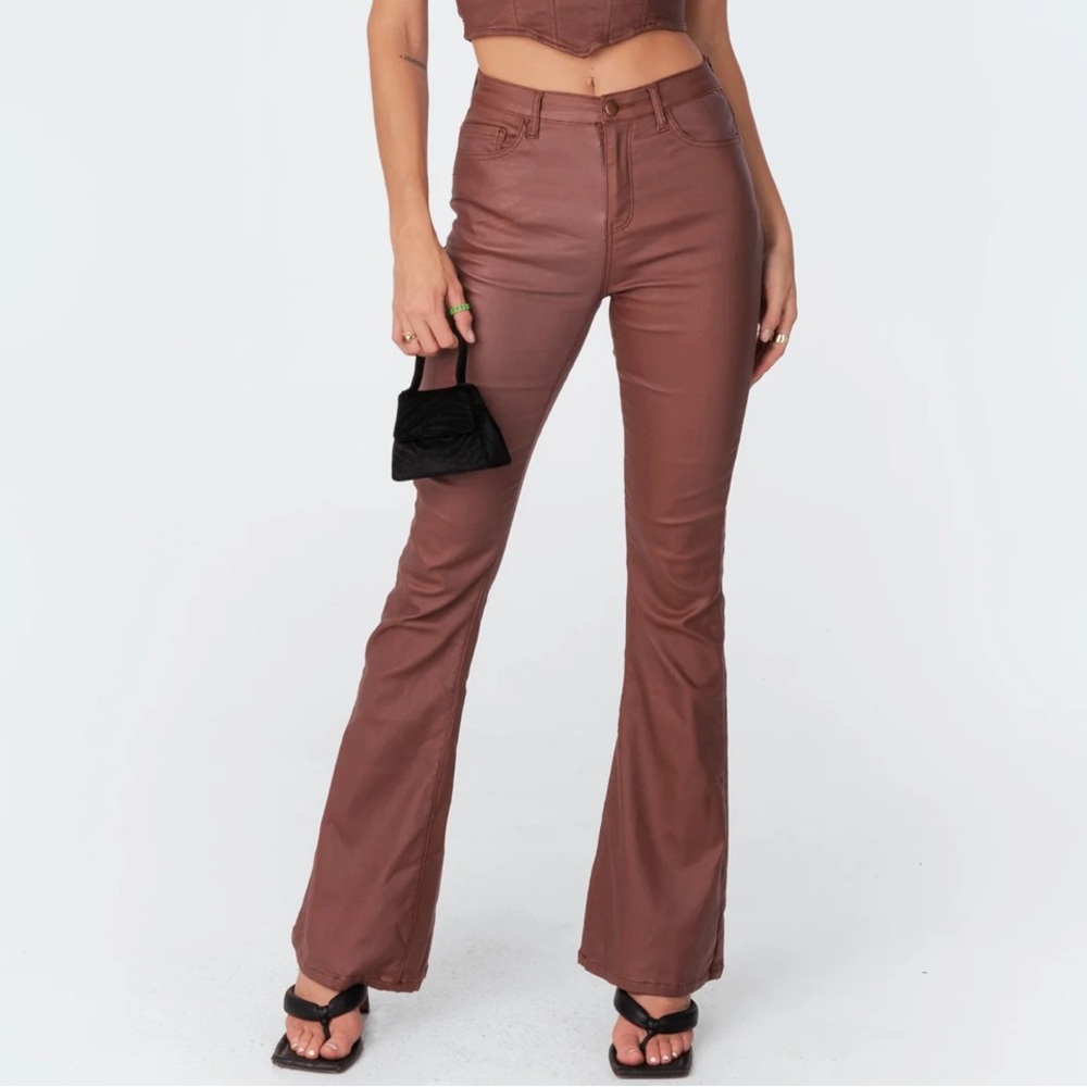Edikted Faux Leather Flare Jean Pants in brown #97